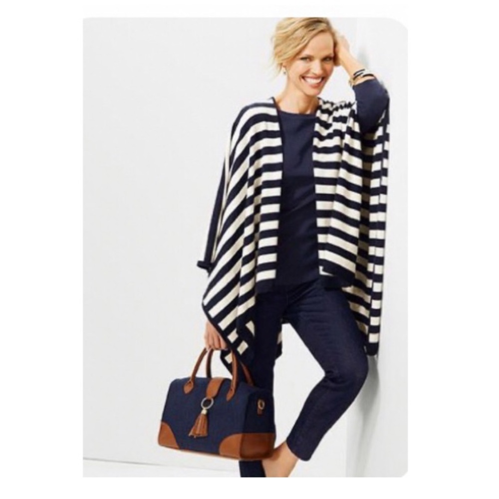 NWT • TALBOTS • Striped Navy & White Knit Wrap Ruana Scarf Sweater - Picture 1 of 3
